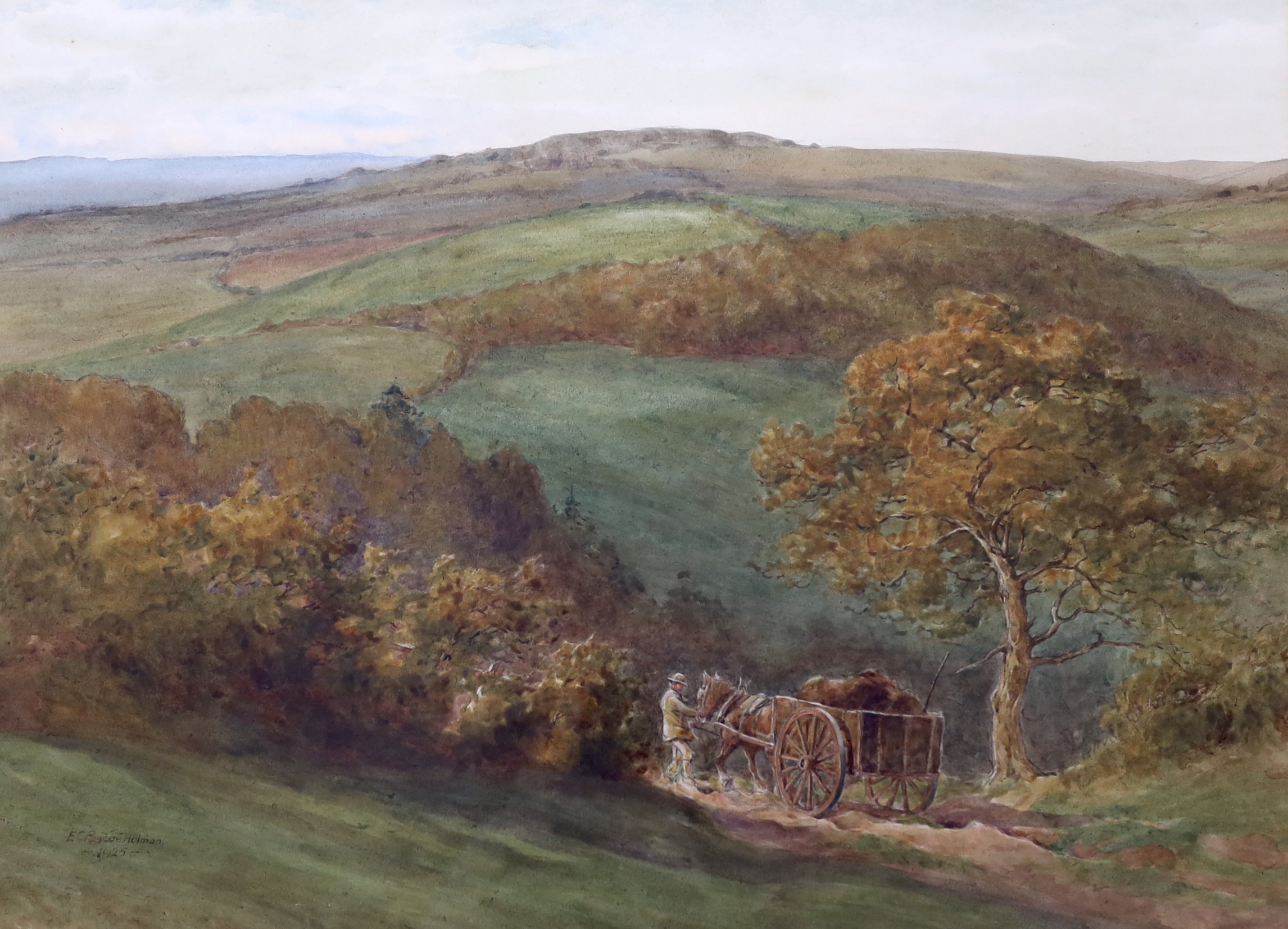 Edward Charles Pascoe Holman (1882-1955), watercolour, Extensive landscape with horse cart and figure, signed, dated 1926, 51 x 70cm